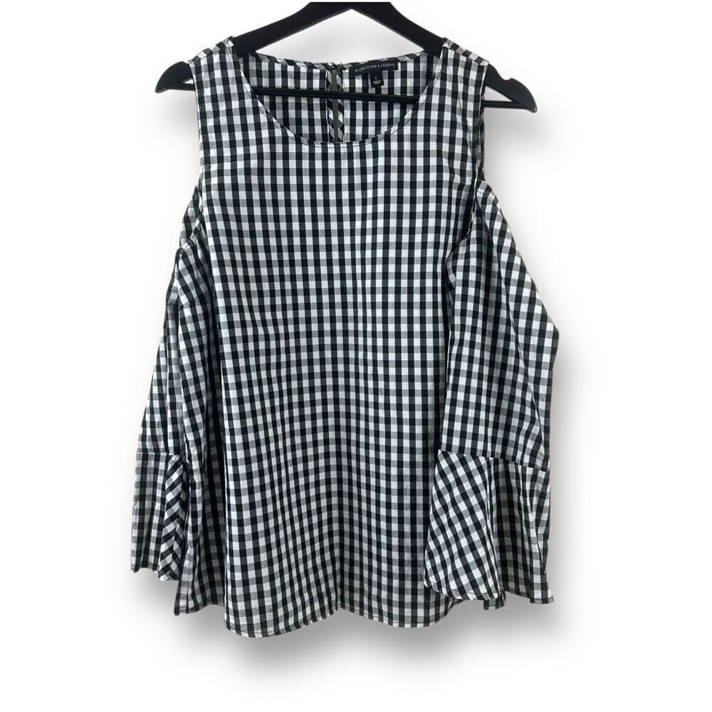 Signature Studio Women's L Cold‎ Shoulder Flare Sleeve Gingham Top Black White